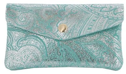 Porte-Monnaie Cartes Femme Cuir Suédé Métallisé - Portefeuille Format Mi-Long Motif Baroque - Compact Tendance - Turquoise