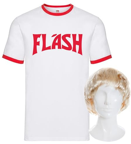 Flash Gordon T-Shirt & Blonde Perücke Set, 80er Jahre Verkleidung Kostüm für TV, Film, Comic Book Hero Dress Up, Retro Superhelden Outfit für Partys, Comic Cons & Themen-Events