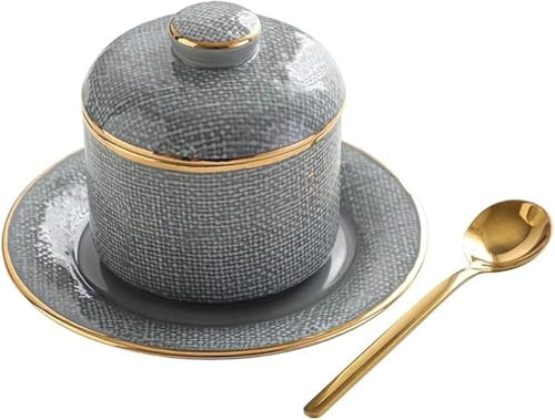 QXHSSM Soup Mugs Grey Ceramic Stew Pot Set With Lid 4 Inch Porcelain Steaming Cup With Circular Plates Spoons Soup Noodle Bowl For Egg Custard Medicinal And Birds Nest Soup Bowls(Gray)