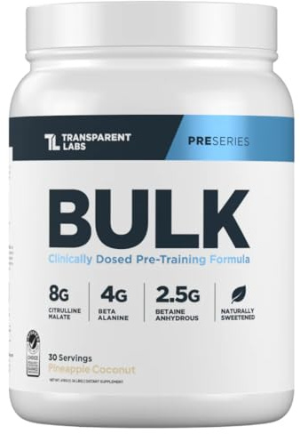 Transparent Labs Bulk Pre Workout Powder - Naturally Sweetened Preworkout for Men & Women, Pre Work Out for Muscle Building & Strength w/Beta Alanine & BetaPure - 30 Servings, Pineapple Coconut