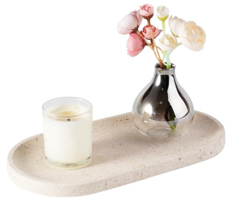 Erongoo Natürlicher Marmor Tablett, Badezimmer Tablett, Oval Marble Tray Kosmetiktabletts, Deko Tablett für Wohnzimmer Schlafzimmer Bad Waschtische und Küchen, Dekotablett für Kerzen Schmuck, Beige