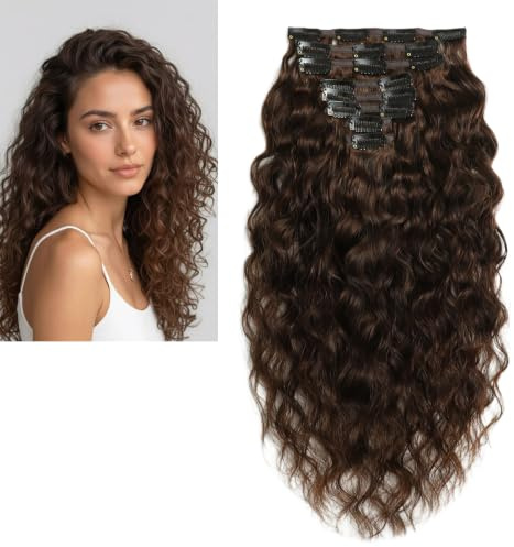 Larafona Clip in Extensions Großes Lockiges Echthaar Haarverlängerung, Schokoladenbraun 4# 100% Remy Natürliche Welle Human Hair Weave with Clips 16inch/40cm