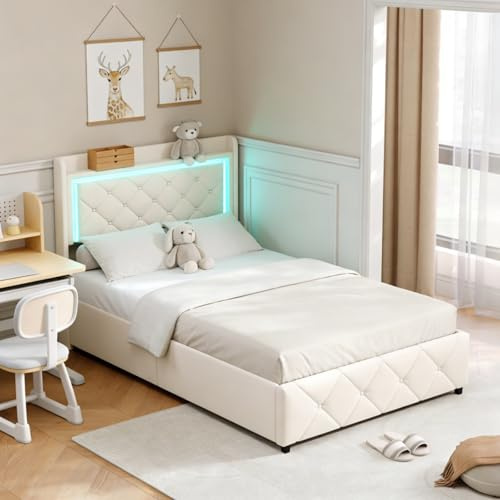 KSFASHZ Polsterbett 90x200 mit Bettkasten, Jugendbett 90x200 mit LED Beleuchtung, Einzelbetten mit 2 Schublade, Stauraumbett mit Kopfteil, Funktionsbett mit Stauraum, Bett mit LED, Keine Matratze