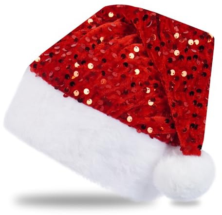 Katzinst Weihnachtsmütze, Nikolausmütze Rot für Erwachsene & Kinde, Paillettenbesetzter Weihnachtshut, Warme Doppellagige Krempe,Gemütliche Weihnachtsmütze mit Bommel, Weihnachtsmann Kostüm Rot