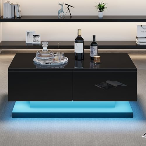 BTM Table Basse Noire laquée Brillante de 90 x 50 x 38 cm, Console avec 2 tiroirs, équipée d'un éclairage LED d'ambiance contrôlable Via Une Application Mobile.