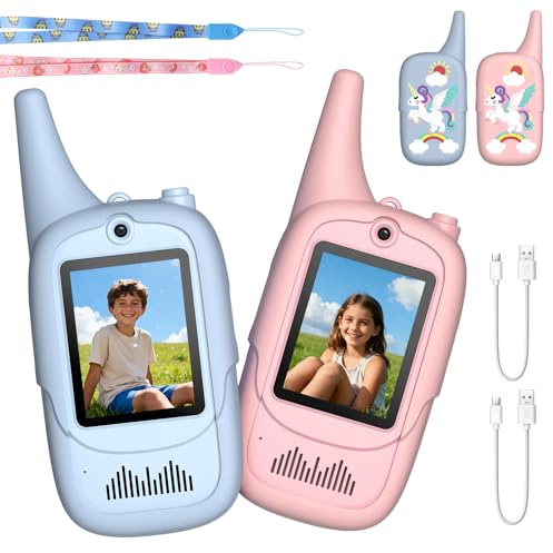 FUNYKICH Video Walkie Talkie Kinder, 2er Set 400mAh Aufladbar Funkgerät | 6 Stimmeffekte, 350m Funkreichweite, Outdoor Spielzeug Geschenk Jungen Mädchen 3 4 5 6 7 8 9 10 11 Jahre Walky Talky Kinder