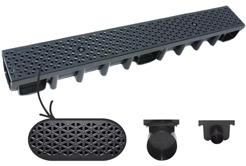 Megaa store 1m Entwässerungsrinne 98 mm – Komplettset A15 Kunststoffrinne Schwarz/Grau/Verzinkt Verschiedene Rostmuster Drainagerinne Bodenrinne (1 Meter, Schwarz Decor)