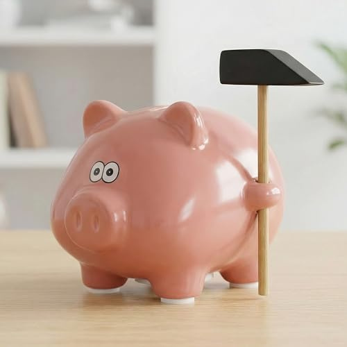 MIJOMA Spardose Schwein mit Hammer aus Keramik 11 x 9 cm witzige Sparbüchse mit Stopfen niedliches Sparschwein aus Dolomit Geschenkidee für Erwachsene