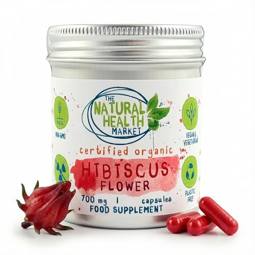 Organic Hibiscus Flower 700mg Capsules • 60 Capsule Tin by The Natural Health Market • Certified Organic | finely milled, made in-house in Leicestershire, Egyptian hibiscus, vegan HPMC, no fillers, karkade