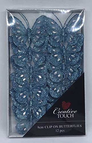 Set of 6 Teal 8cm Diamante Glitter Mesh Jewelled Butterfly 3D Decorative Butterflies Wedding Home Party Event Craft Embellishment Festive Stylish Xmas Tree Christmas Decoration Curtain Clip On