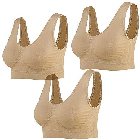 Lemef 3-Pack Seamless Sports Bra Wirefree Yoga Bra with Removable Pads for Women, 3 x nude, M