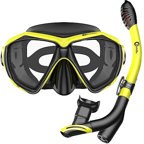 Dorlle Schnorchelset Schnorcheln Set mit Schnorchel und Taucherbrille,wasserdichte Tauchmaske Anti-Fog Anti-Leck aus Gehärtetem Glas,mit 3-Kanal Premium Dry Schnorchel für Erwachsene ,Schwarz/Gelb