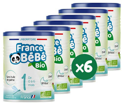 FRANCE BéBé BIO - Lait infantile pour bébé 1er âge en poudre 0 à 6 mois - Lait fabriqué en France - BIFIDUS - SANS HUILE DE PALME - Pack 6 boîtes de 400g