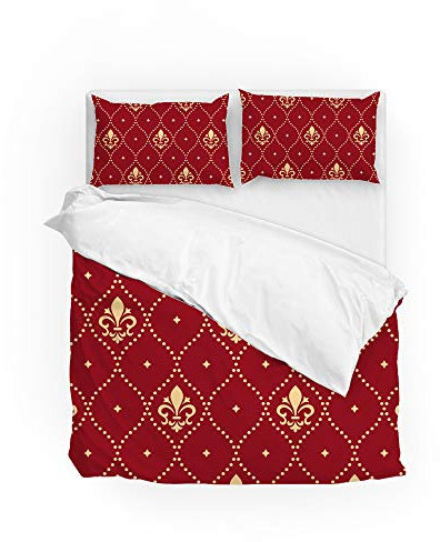 Ruchen Parure de lit avec housse de couette et fleurs de lys royal sur fond rouge, élégante, durable et facile d'entretien