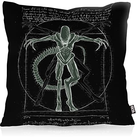 VOID Vitruvianischer Xenomorph Kissenbezug Kissenhülle Polyester wasserfest Outdoor Ripley Alien Monster, Kissen Größe:50 x 50 cm, Kissen Farbe:Schwarz