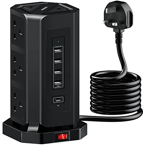 Extension Lead Tower with USB Slots, NVEESHOX 9 Way Plug Extension and 5 USB Ports (1 USB-C /18W Fast Charging), Multi-Plug Surge Protector Power Extension Tower 2M Extension Cord for Phones, Laptop
