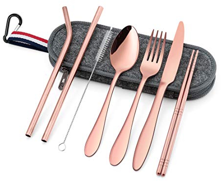 Reiseutensilien mit Koffer, HaWare Edelstahl tragbares Besteckset, wiederverwendbares Camping Besteck-Set, 8-teiliges Besteckset inklusive Messer, Löffel, Gabel, Trinkhalme, Reinigungsbürste