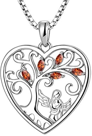 FJ Collana Madre e Figlia Argento 925 Ciondolo Albero della Vita Collana Angelo Custode con Gennaio Pietra Portafortuna Granato Gioielli Regalo per Donna Mamma Nonna
