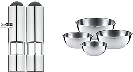 WMF Elektrische Mühle Set 2-teilig 21 cm, Salz und Pfeffermühle unbefüllt, LED-Leuchte & Gourmet Schüsselset 4-teilig, Edelstahl Schüsseln für die Küche 0,75l - 2,75l