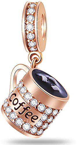 Dangle Rose Gold Coffee Cup Charms, fits Pandora Valentines Day Bracelet Necklace, 925 Sterling Silver I Love Coffee Mug CZ Pendant Beads, Gifts for My First Mothers Day/Christmas
