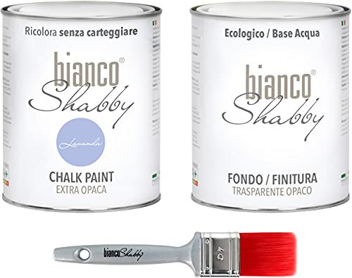 CHALK PAINT Lavanda & FINITURA + PENNELLO - Pittura Shabby Chic EXTRA OPACA (1 Litro) + Finitura Trasparente Opaco (1 Litro) + 1 Pennello Pro 40 mm