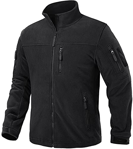 TACVASEN Giacca Invernale da Uomo Giacche Tattiche Full-Zip Jacket in Pile con Tasche con Cerniera, Nero, XXL