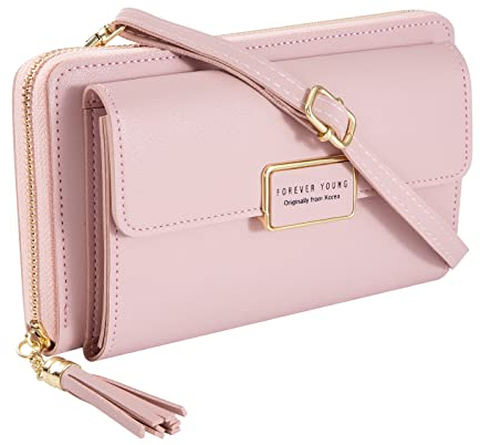 QH-Shop Petit Sac à Bandoulière Sac à Main de Téléphone Femme Pochette Embrayage Portefeuille en PU Cuir avec Amovible Bandoulière et Fentes pour Cartes, Rose