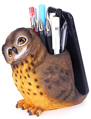 NCQIXIAO Owl Pen Holder Cute Resin Pen Holder for Desk Organizer Decoration Luxury Gift and Exquisite Handicraft (Brown&Yellow)