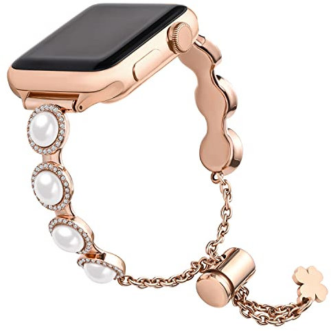wutwuk Compatible Bracelet Apple Watch 38mm/40mm/41mm pour iWatch Series Ultra/SE/SE 2/8/7/6/5/4/3/2/1 Bracelet Apple Watch en Acier Inoxydable avec Perle pour Femme Fille-Or Rose 38mm/40mm/41mm