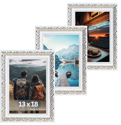 VictoR Vintage Bilderrahmen „Rubens“ 3er Set in 13x18 cm Weiß Gold - Leiste: 30x20mm - Echtglas - Fotorahmen Barock - Antik - Bilderrahmen 13x18 Weiß