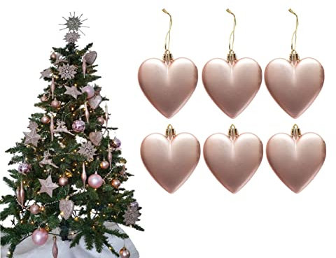 6pc Large Heart Xmas Baubles (Matte) - Great Christmas Tree Decorations, Heart Baubles (Rose Gold)