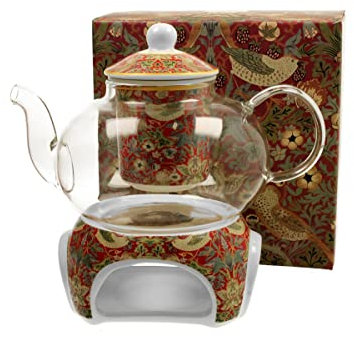 DUO ART GALLERY Teekanne 1000 ml STRAWBERRY THIEF RED mit Stövchen, Glas - New Bone China Porzellan