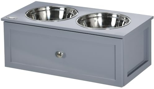 PawHut Erhöhter Hundenapf mit Schublade für Mittlere Hunde Katzen Grau | Futternapf, Wassernapf, 2 x 2000ml Edelstahlnäpfen, Fressnapf, Futterstation, Hundenäpfe