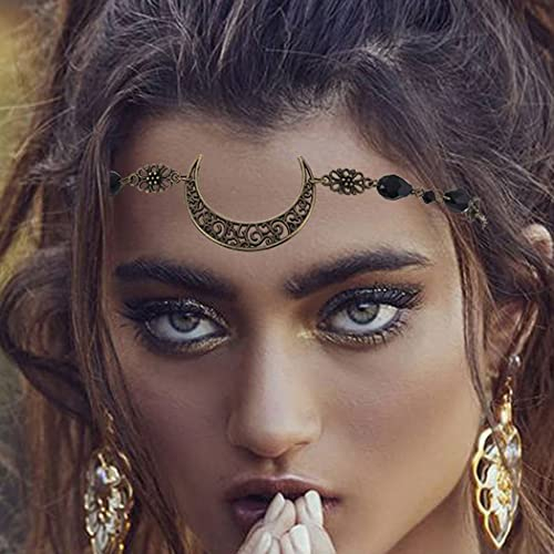 Runmi Boho Kopfkette Gold Braut Kopfschmuck Schwarz Perlen Stirnband Festival Haarschmuck für Frauen und Mädchen (B)