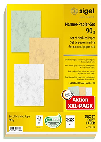 SIGEL T1227 Hochwertiges Marmor-Papier Set A4 300 Blatt gesamt, je 100x grau, sandbraun, pastellgrün, 90 g, Briefpapier, Speisekarte