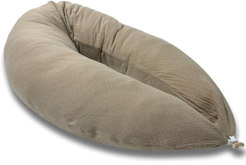 HOBEA-Germany Stillkissen 190 cm x 76 cm XXL Lagerungskissen Schwangerschaftskissen für Baby und Erwachsene Seitenschläferkissen Stillkissen mit Bezug aus Bio Baumwolle, Musselin Taupe