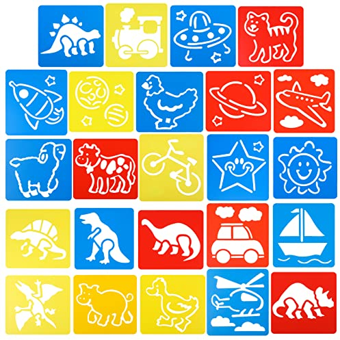 Tenare 24 Stück Wiederverwendbare Zeichenschablonen für Kinder 15 x 14 cm Kunststoff Waschbare Malerei Schablonen Dinosaurier Weltraum Fahrzeug Dschungeltier Tiere Schablonen für Kinder, 4 Stile
