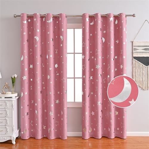 Freyamy Vorhang Blickdicht Rosa Mond Sternenvorhänge 2 Stück,140x120cm (HxB) Niedliche Vorhänge mit Ösen Lichtundurchlässig thermovorhang kälteschutz Gardinen Lärmschutz für Kindervorhänge