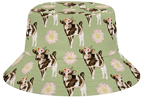 Ahdyr Eimerhut mit Kuh- und Dahlie-Motiv, Retro-Druck, Meer, Strand, Reisen, Sonnenschutz für Männer und Frauen im Allgemeinen