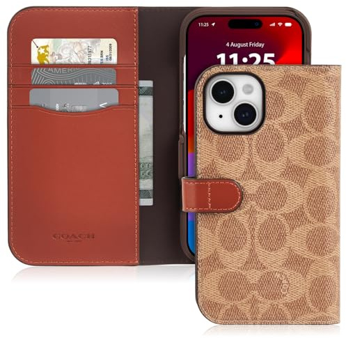 Coach Signature Canvas Schutzhülle für iPhone 15, zweiteilig, abnehmbar, kompatibel mit kabellosem Laden, Signature Tan