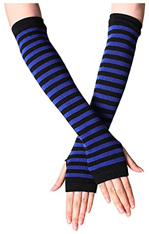 Damen Lange Fingerlose Handschuhe ,Gestreift Stricken Armwärmer für Frauen, Streifen Fingerlose Armstulpen Handschuhe für Herbst Winter, Winter Armstulpen für Punk Rock Cosplay Goth (Blue, One Size)