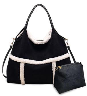 CORIOS Damen Lammwolle Handtasche Plüsch Schultertasche Große Umhängetasche Retro Tragetasche Kunstfell Flauschige Henkeltaschen Wildleder Tote Beutel 2pcs Schwarz