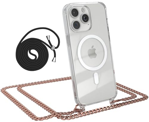 EAZY CASE - Handykette kompatibel mit iPhone 15 Pro Max Kette zum Umhängen Stoßfest Handyhülle für iPhone 15 Pro Max Silikon Hülle mit Band aus Metall Transparent als Fallschutz in Metall - Rosé-Gold