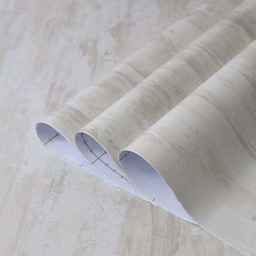 TOTIO Papier peint autocollant crème Stickers muraux,Style industriel vintage Effet béton blanc,Autocollants pour meuble en vinyle,40CMx3M,Mat,épais,auto-adhésif,imperméable,amovible,sans bulles d'air