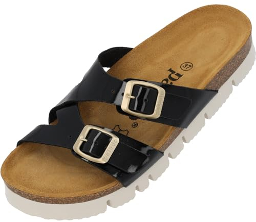 Palado Plateau-Pantoletten Damen Arrila PL - bequeme Sandalen Made in Spain - Hausschuhe mit Kork-Fußbett - modische Sommerschuhe Schwarz Lack UK5,5 - EU38