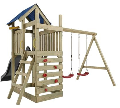 Outgarden Spielturm Klettergerüst Speedy aus KDI-Holz | Spielhaus mit Grauer Rutsche & roter Doppel-Schaukel | Sandkasten, Leiter & Kletterwand | Stelzenhaus für Kinder & Garten | 355 x 386 x 258 cm