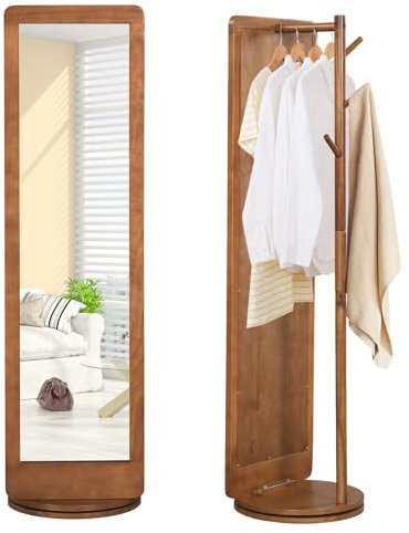 COSTWAY Full Length Mirror with Coat Rack, 2-in-1 Freestanding Floor Mirror with 360° Rotating Base and Hooks, Solid Wood Frame Long Full Body Dressing Mirrors for Bedroom Hallway Cloakroom (Brown)