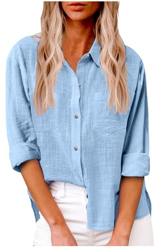 Damen Leinen Hemd Elegant mit Knopfleiste Tasche Sommer Oversized Kurzarm Blusen Langärmeliges Shirt Oberteile Reverskragen Elegant Shirts Bluse Oberteile Einfarbig Basic Unterhemd Top