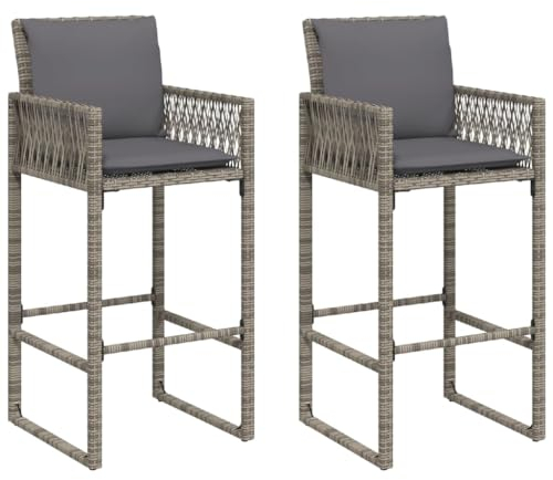 vidaXL Garten Barhocker 2 STK., Barstuhl mit Kissen Stahlrahmen, Gartenstuhl mit Armlehnen, Tresenhocker Bistrohocker Tresenstuhl, Grau Poly Rattan