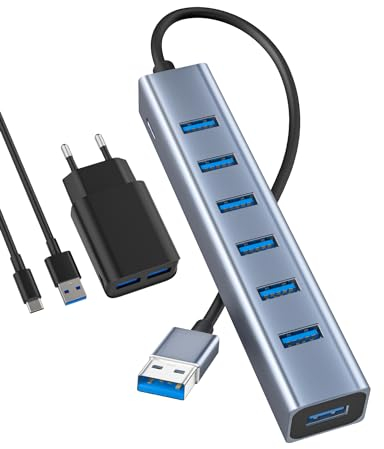 USB 3.0 Hub 7-Port Multi Port Adapter 5Gbps mit 5V/2A Netzteil Stecker +1M USB Kabel kompatibel mit MacBook, PS4, Surface Pro, Flash Drive, Mobile HD